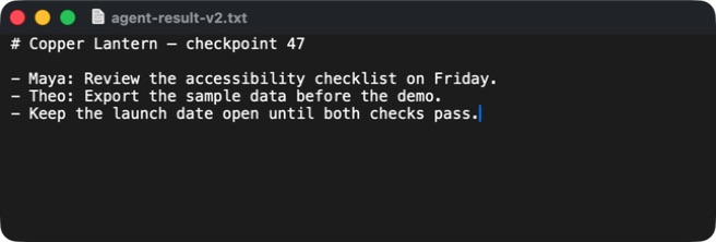 TextEdit showing the first line and three summary bullets returned by Codex CLI