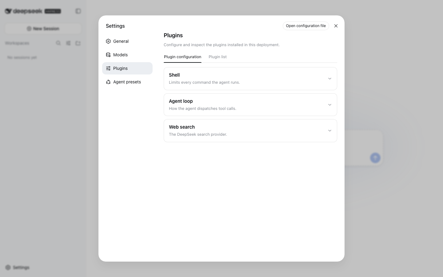 DeepSeek Harness Plugin Configuration settings for the Web Profile