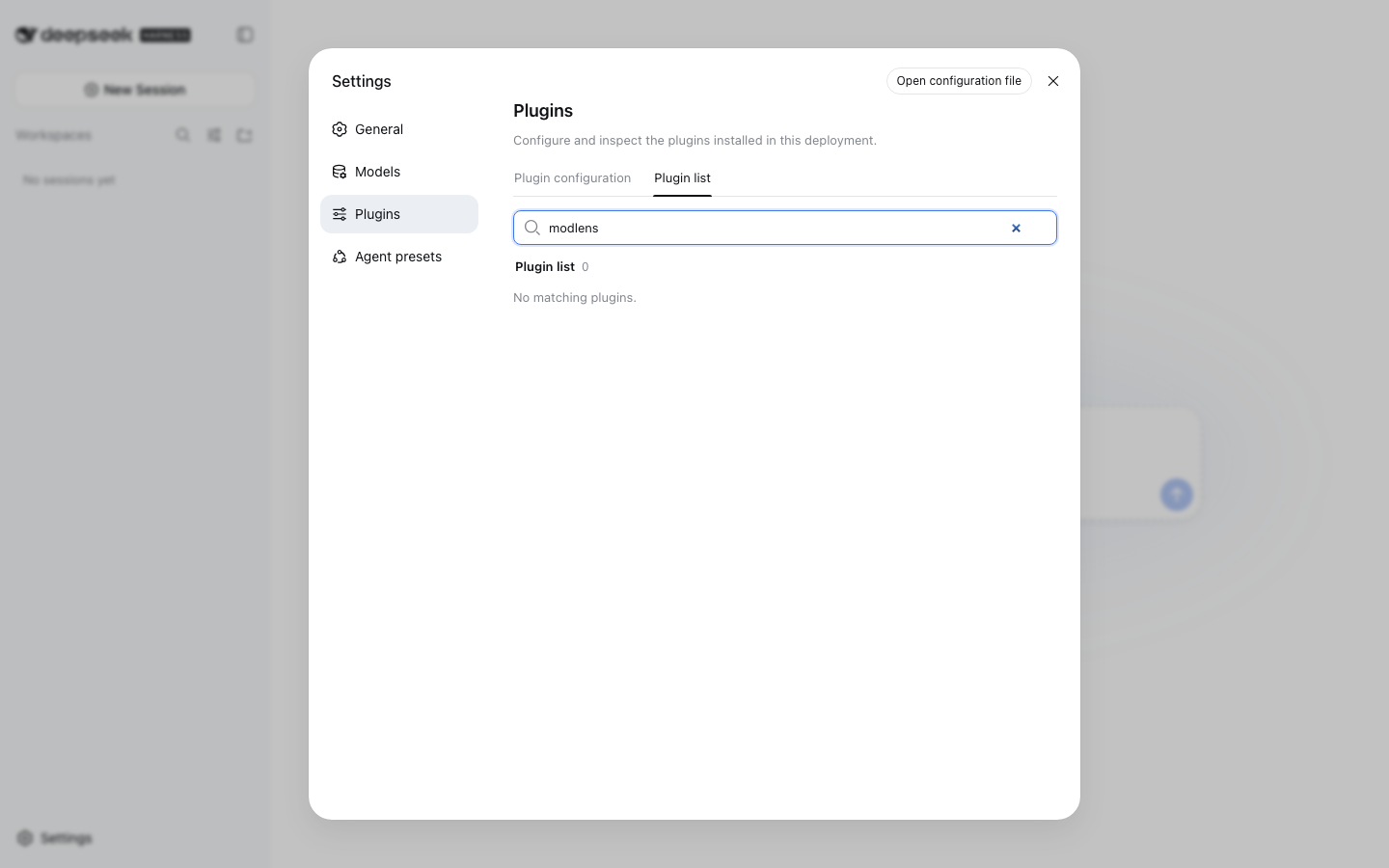 DeepSeek Harness Plugin list filtered for ModLens with no matching result
