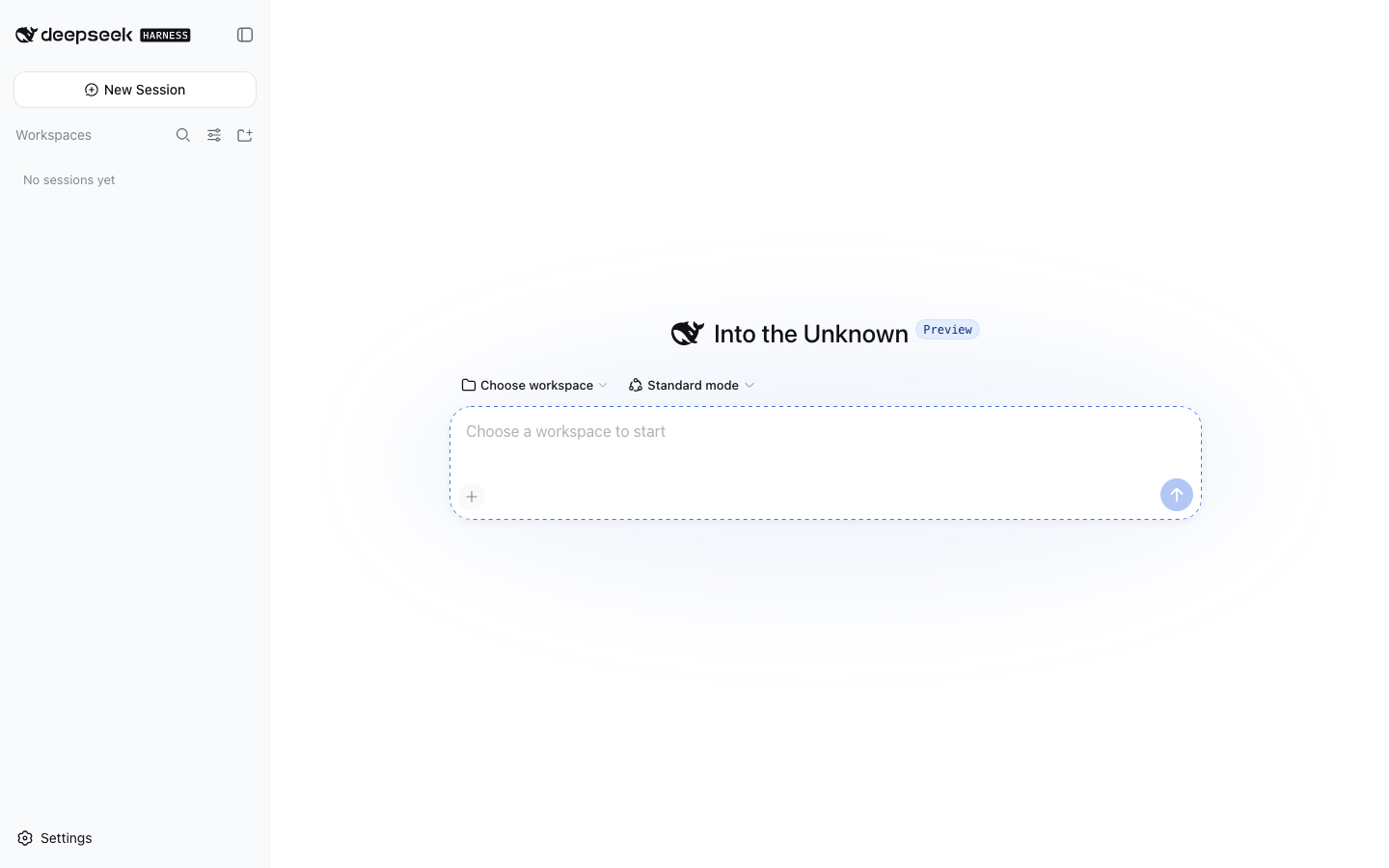 DeepSeek Harness Web Profile showing a clean workspace screen